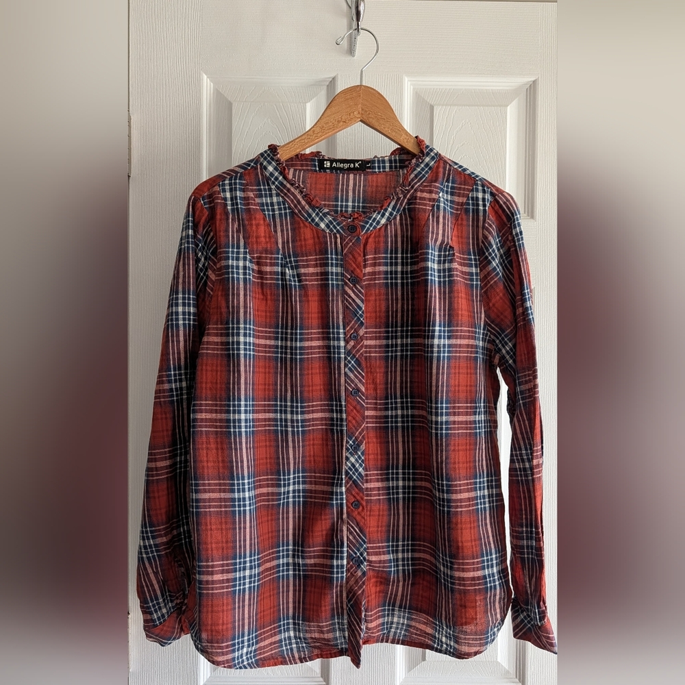 Allegra K Plaid Blouse with Ruffle Edge — Size L
